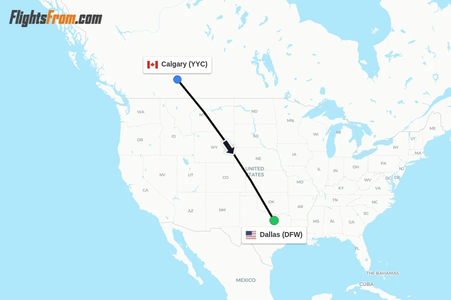 Flights from Calgary to Dallas route map