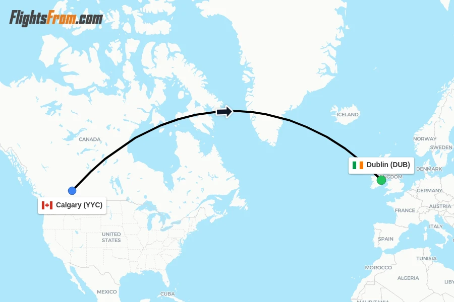 Flights from Calgary to Dublin route map