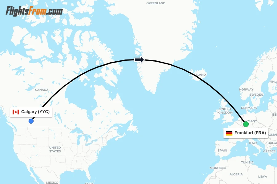 Flights from Calgary to Frankfurt route map