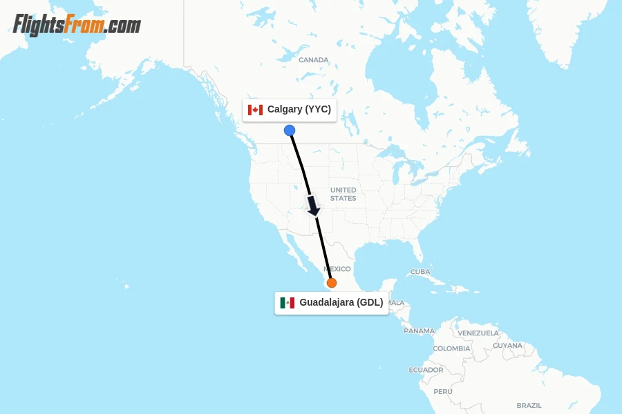 Flights from Calgary to Guadalajara route map
