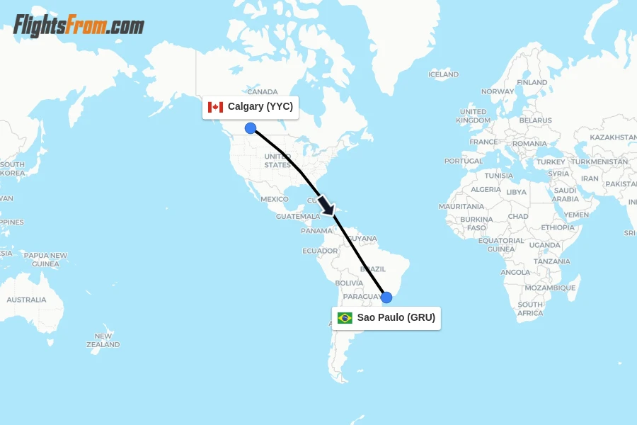 Flights from Calgary to Sao Paulo route map