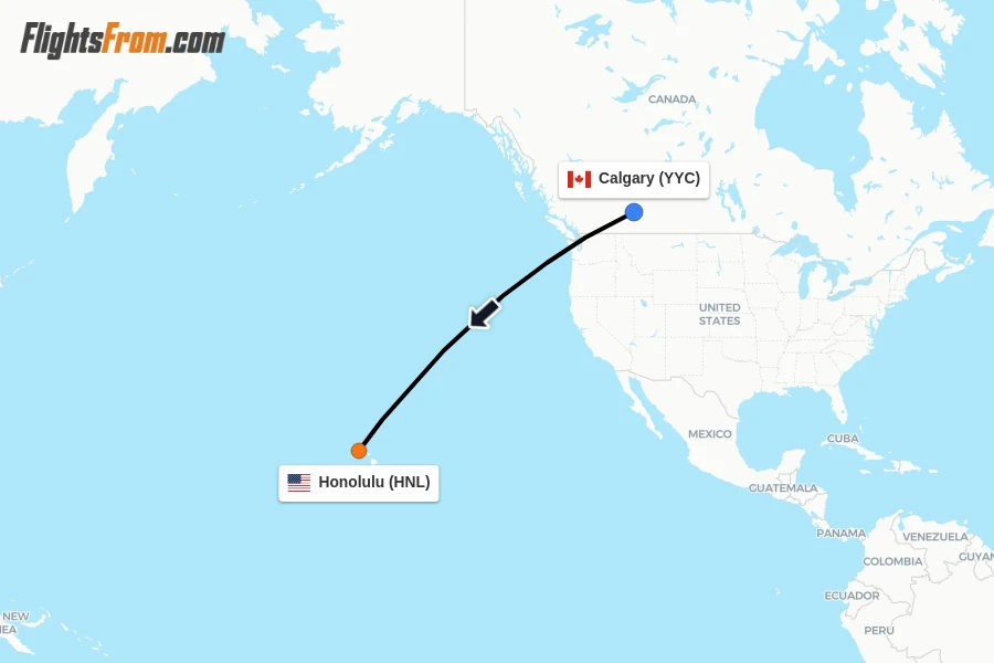 Flights from Calgary to Honolulu route map