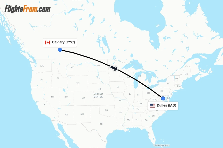 Flights from Calgary to Dulles route map