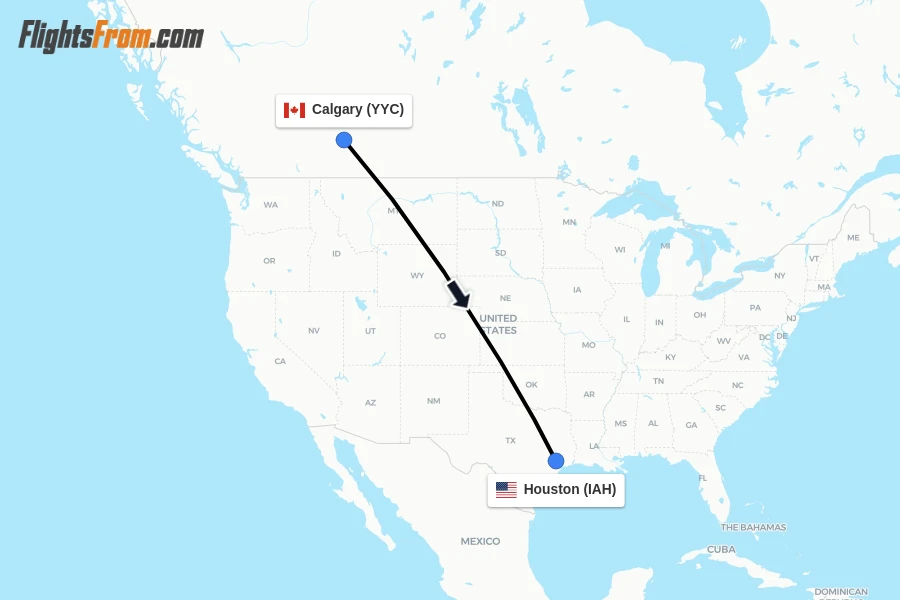 Flights from Calgary to Houston route map