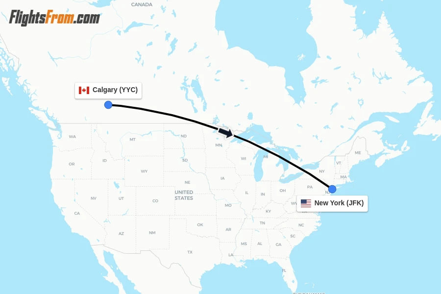 Flights from Calgary to New York route map