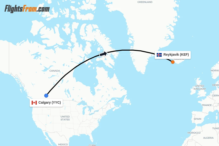 Flights from Calgary to Reykjavik route map