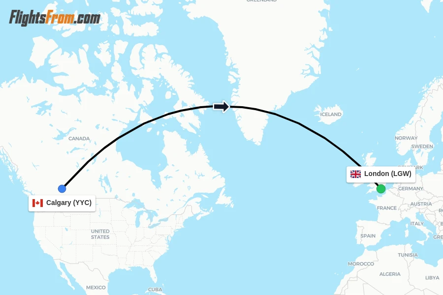 Flights from Calgary to London route map