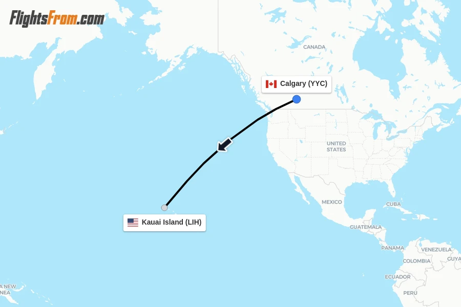 Flights from Calgary to Kauai Island route map