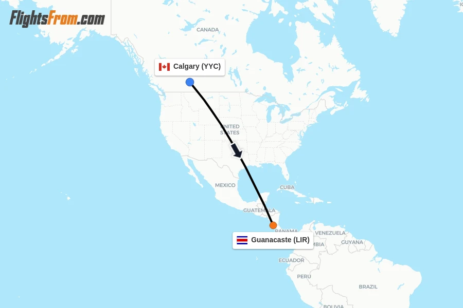 Flights from Calgary to Guanacaste route map