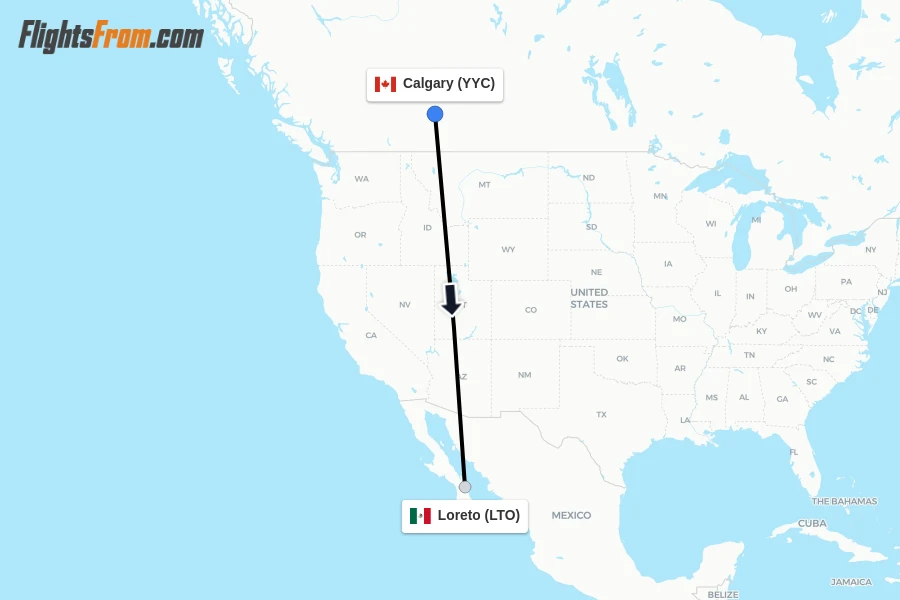 Flights from Calgary to Loreto route map