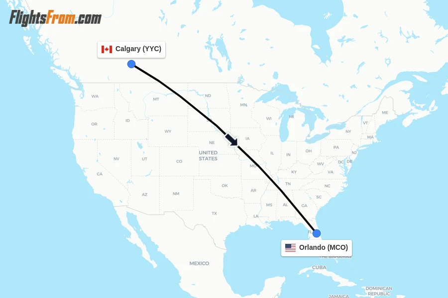 Flights from Calgary to Orlando route map