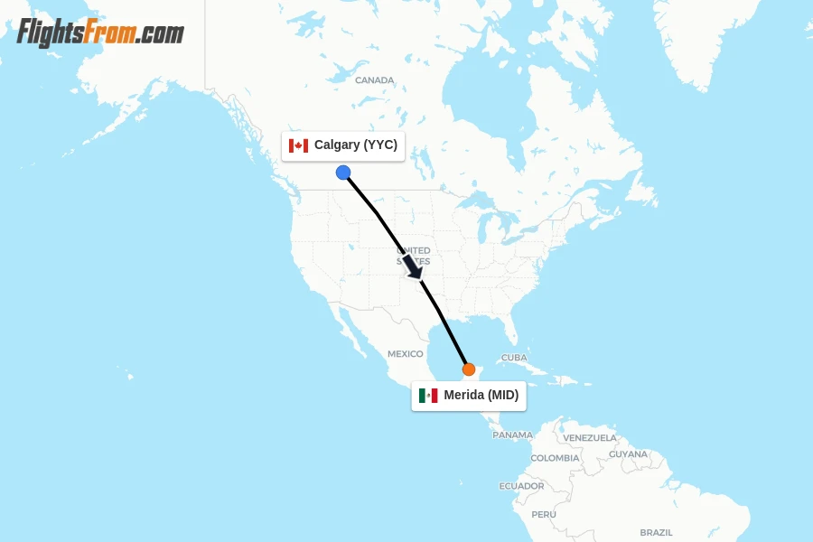 Flights from Calgary to Merida route map