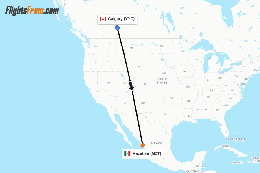 Flights from Calgary to Mazatlan route map