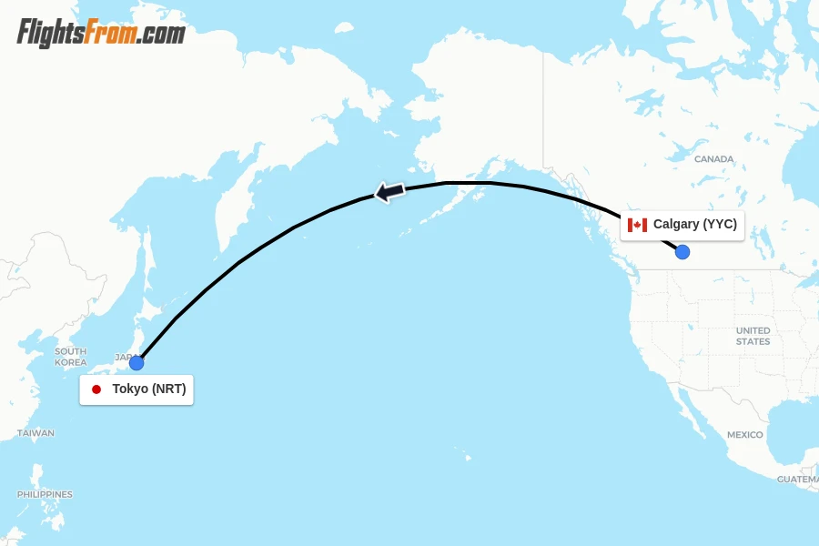 Flights from Calgary to Tokyo route map
