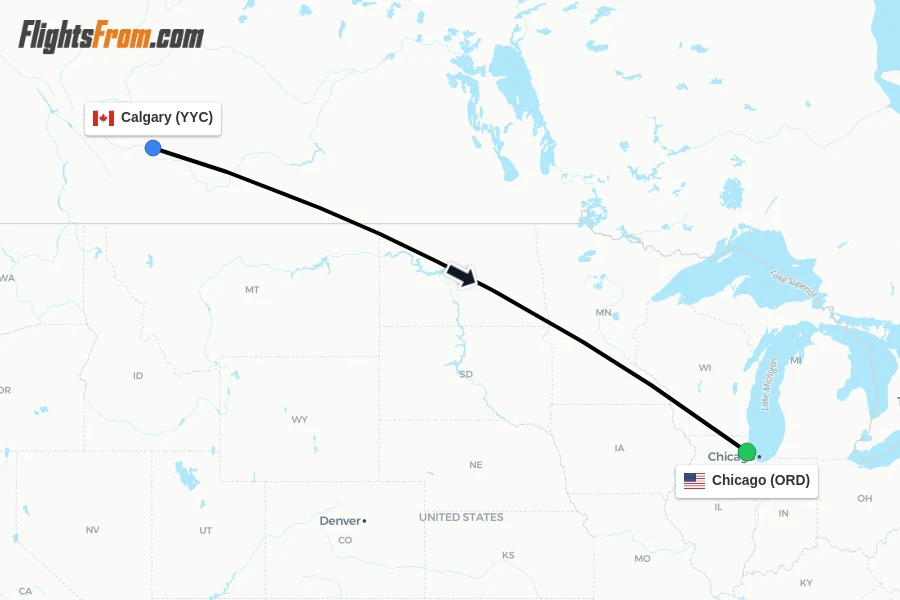 Flights from Calgary to Chicago route map