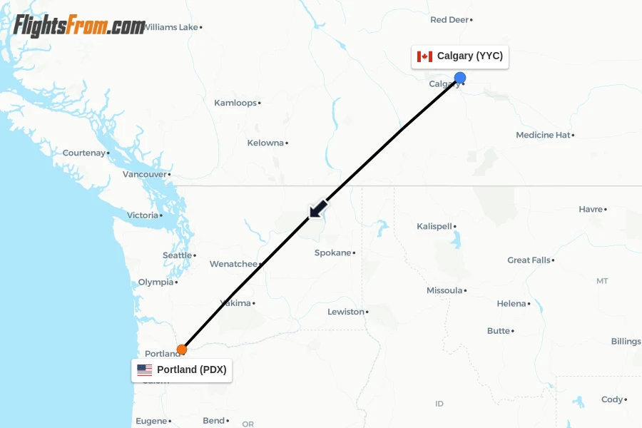 Flights from Calgary to Portland route map