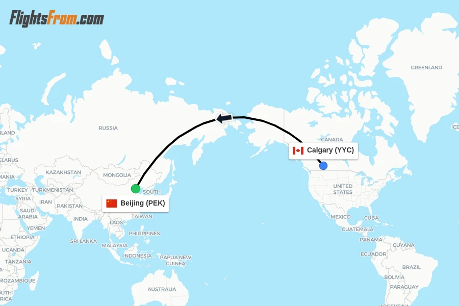 Flights from Calgary to Beijing route map