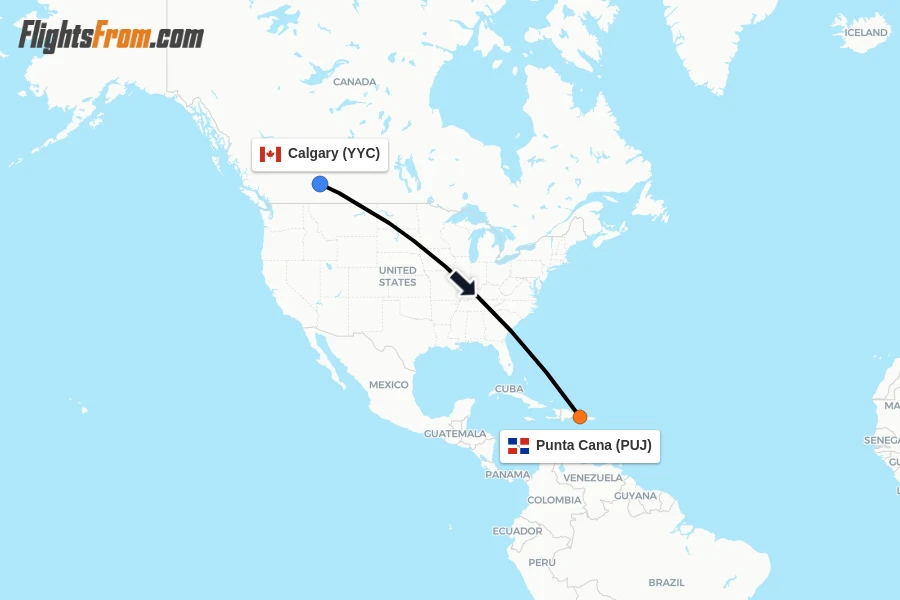 Flights from Calgary to Punta Cana route map