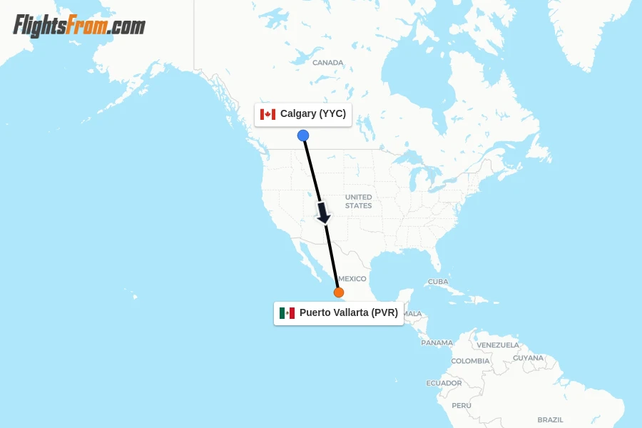 Flights from Calgary to Puerto Vallarta route map