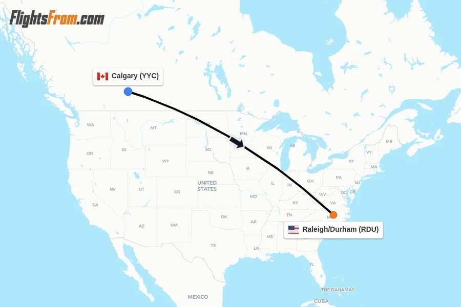 Flights from Calgary to Raleigh/Durham route map