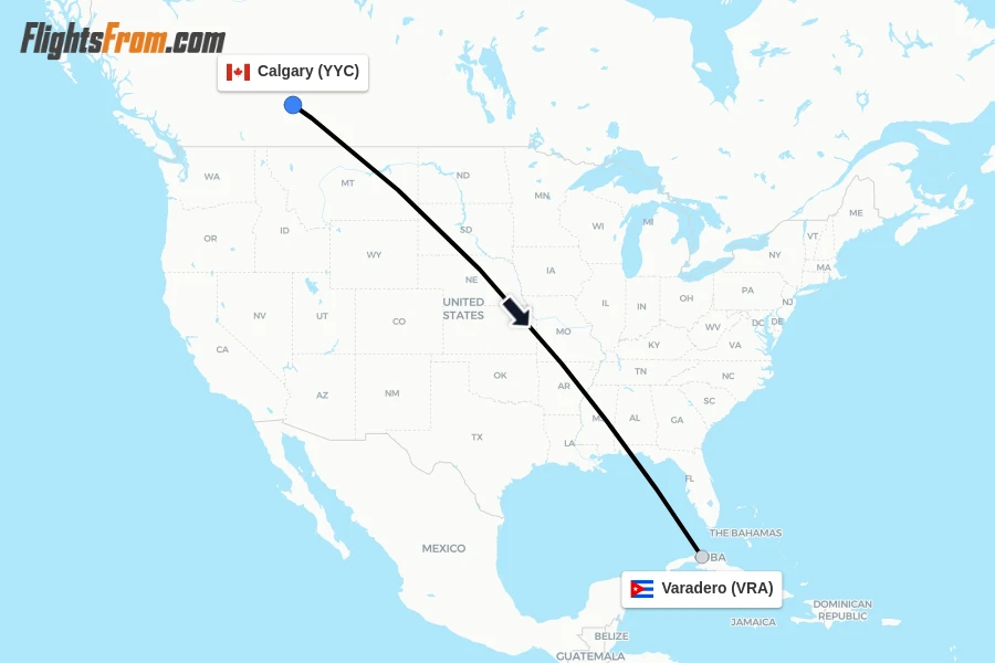 Flights from Calgary to Varadero route map