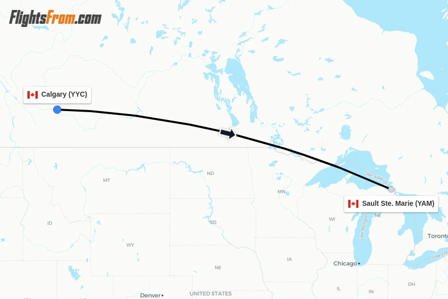 Flights from Calgary to Sault Ste. Marie route map