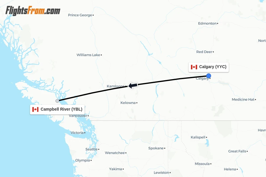 Flights from Calgary to Campbell River route map