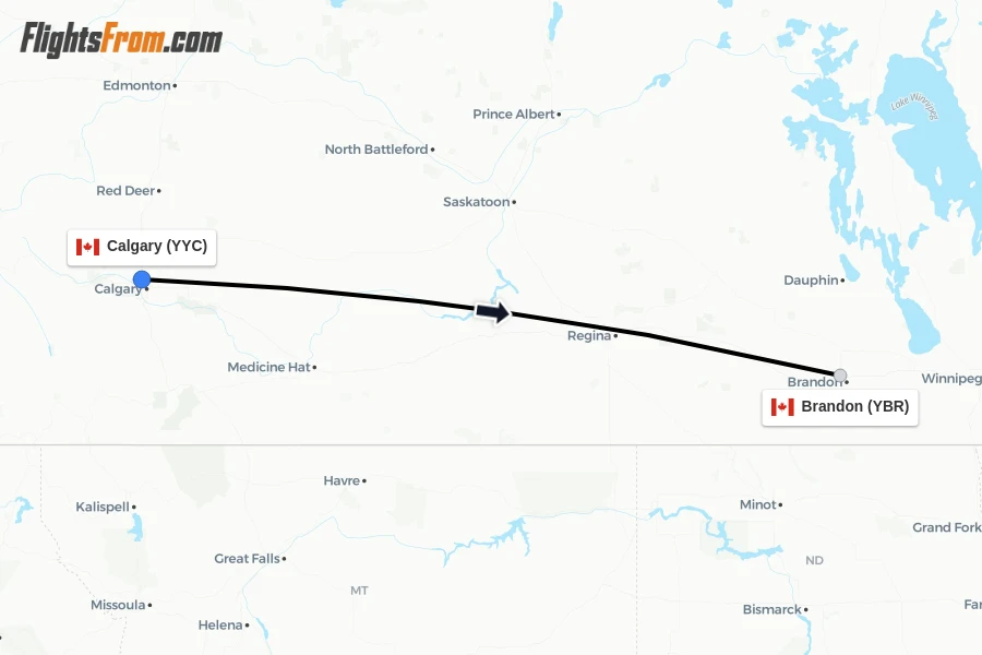 Flights from Calgary to Brandon route map
