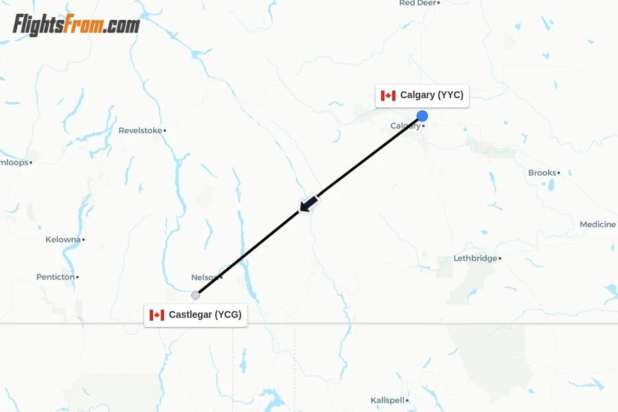 Flights from Calgary to Castlegar route map