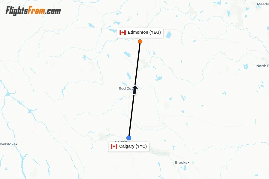 Flights from Calgary to Edmonton route map