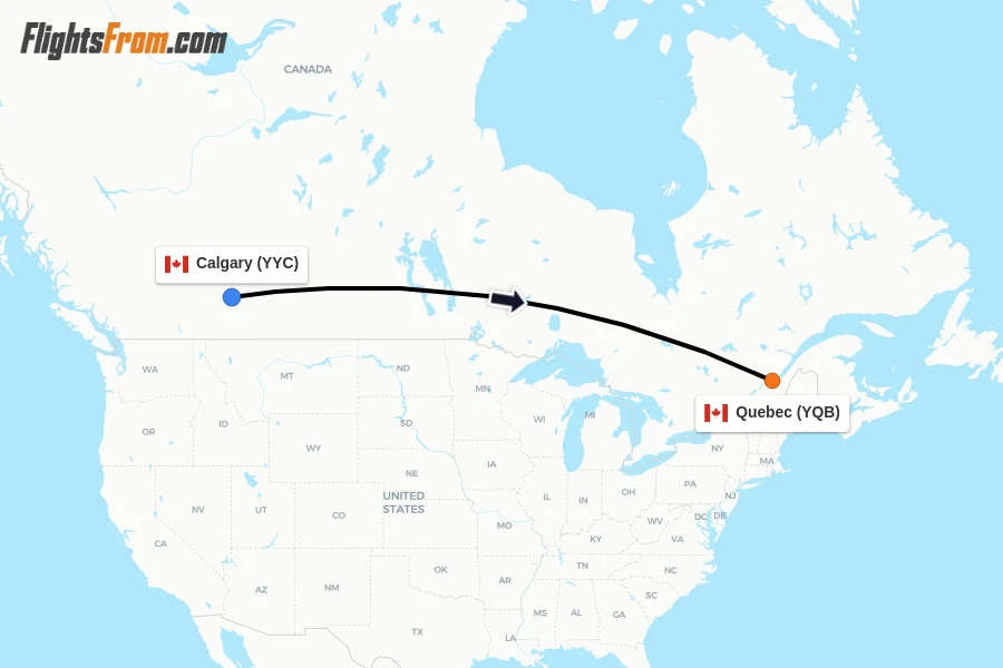 Flights from Calgary to Quebec route map