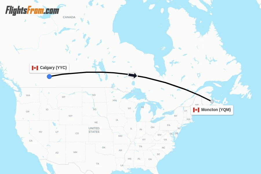 Flights from Calgary to Moncton route map
