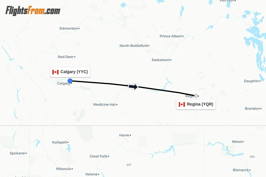 Flights from Calgary to Regina route map