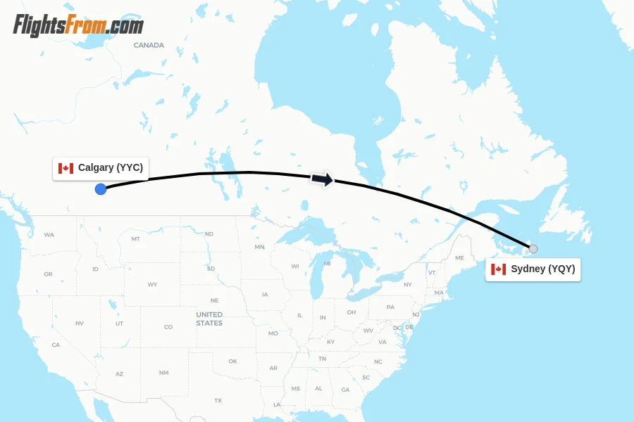 Flights from Calgary to Sydney route map