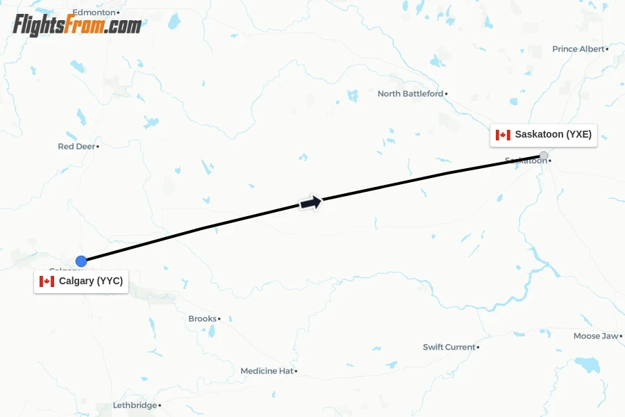 Flights from Calgary to Saskatoon route map