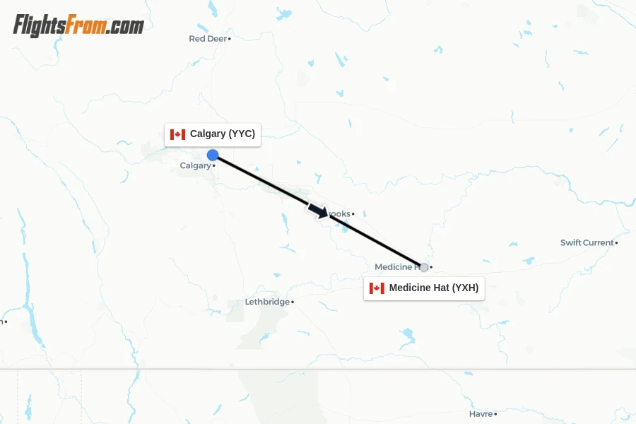 Flights from Calgary to Medicine Hat route map