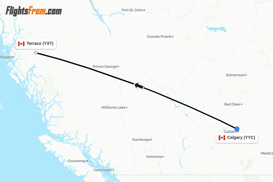 Flights from Calgary to Terrace route map