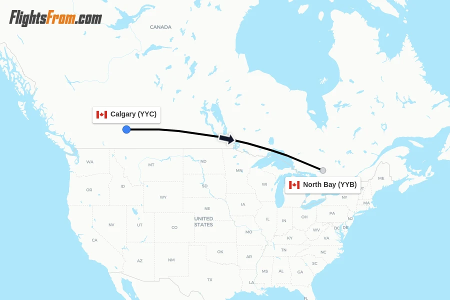 Flights from Calgary to North Bay route map
