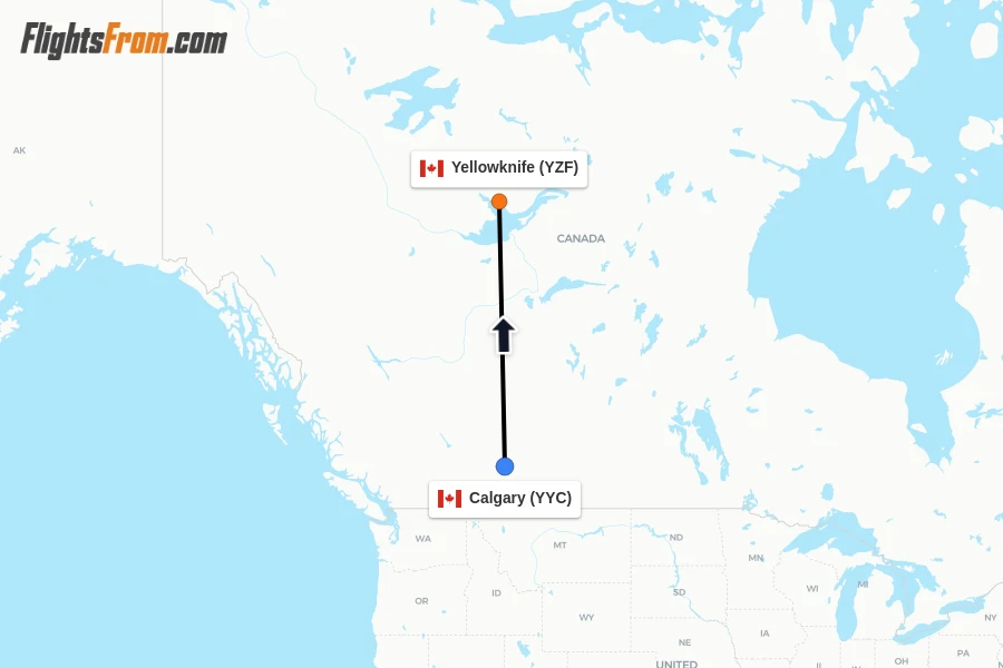 Flights from Calgary to Yellowknife route map