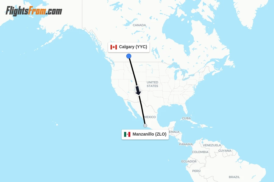 Flights from Calgary to Manzanillo route map
