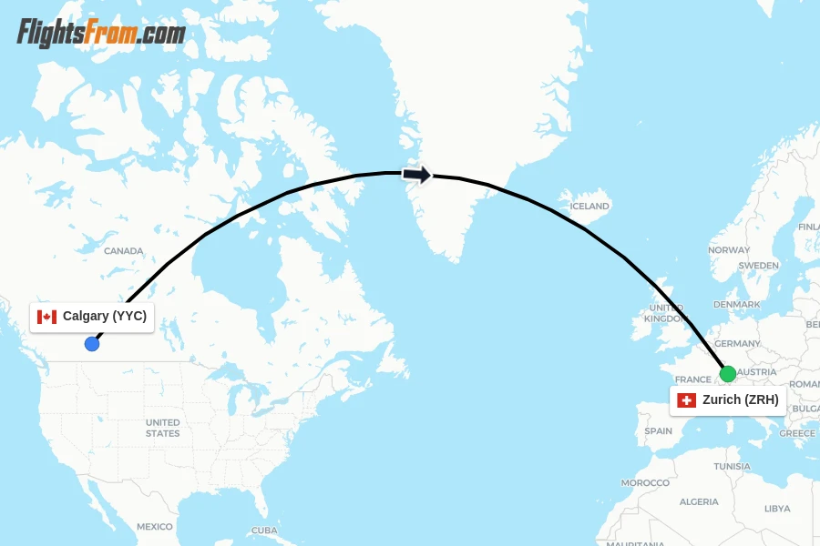 Flights from Calgary to Zurich route map