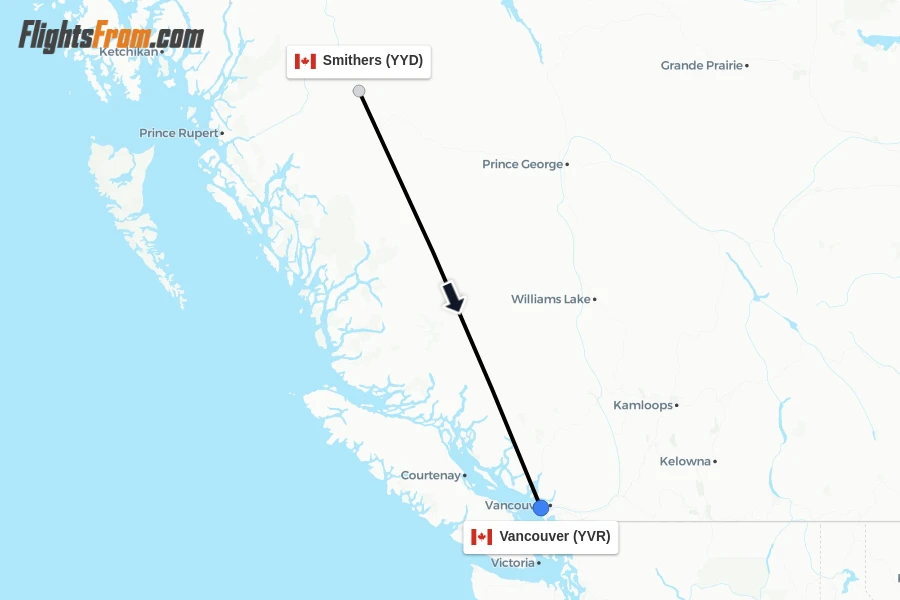 Flights from Smithers to Vancouver route map