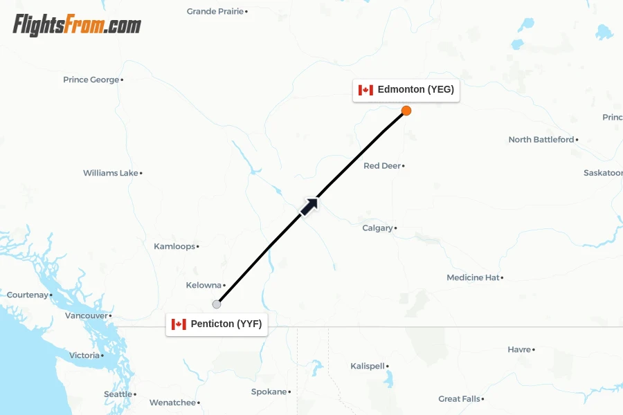 Flights from Penticton to Edmonton route map