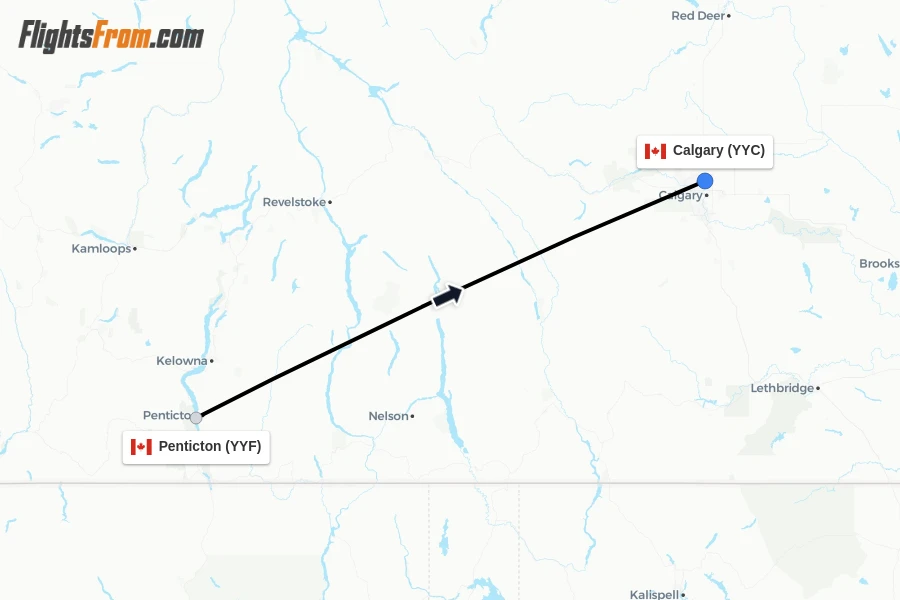 Flights from Penticton to Calgary route map