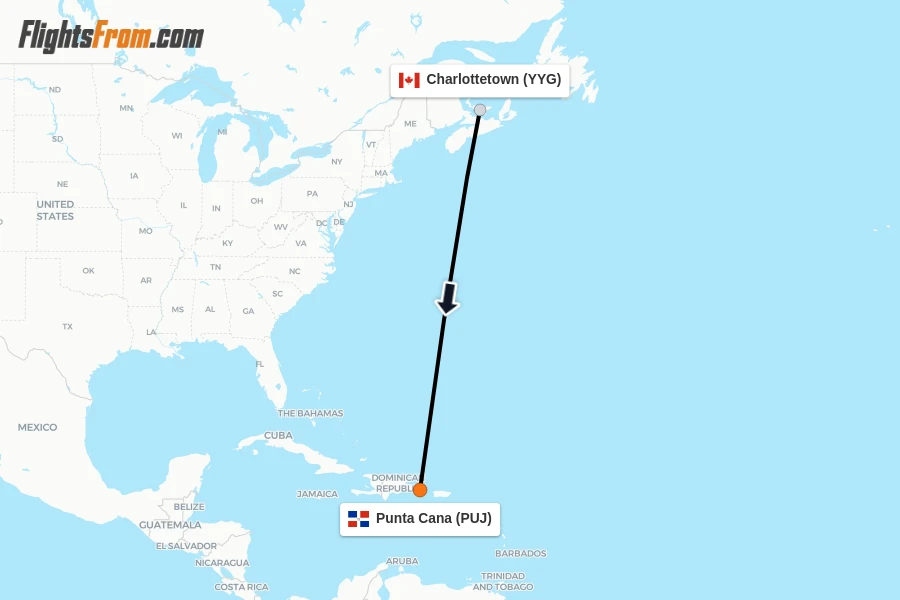 Flights from Charlottetown to Punta Cana route map