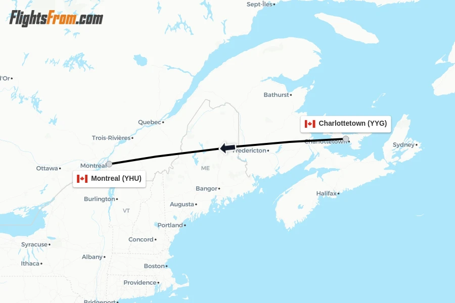 Flights from Charlottetown to Montreal route map
