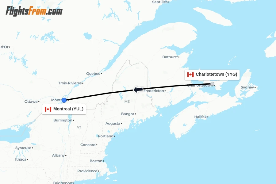 Flights from Charlottetown to Montreal route map
