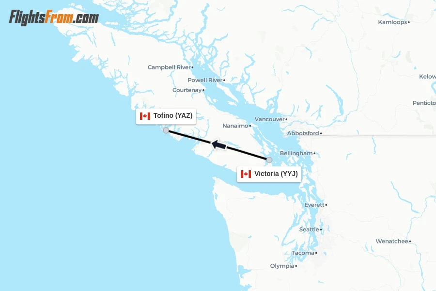 Flights from Victoria to Tofino route map
