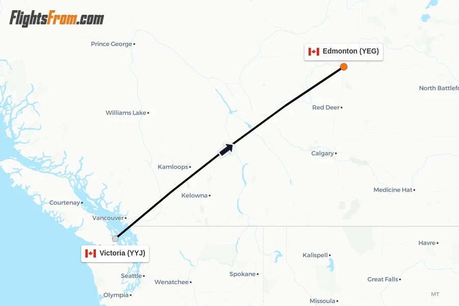 Flights from Victoria to Edmonton route map