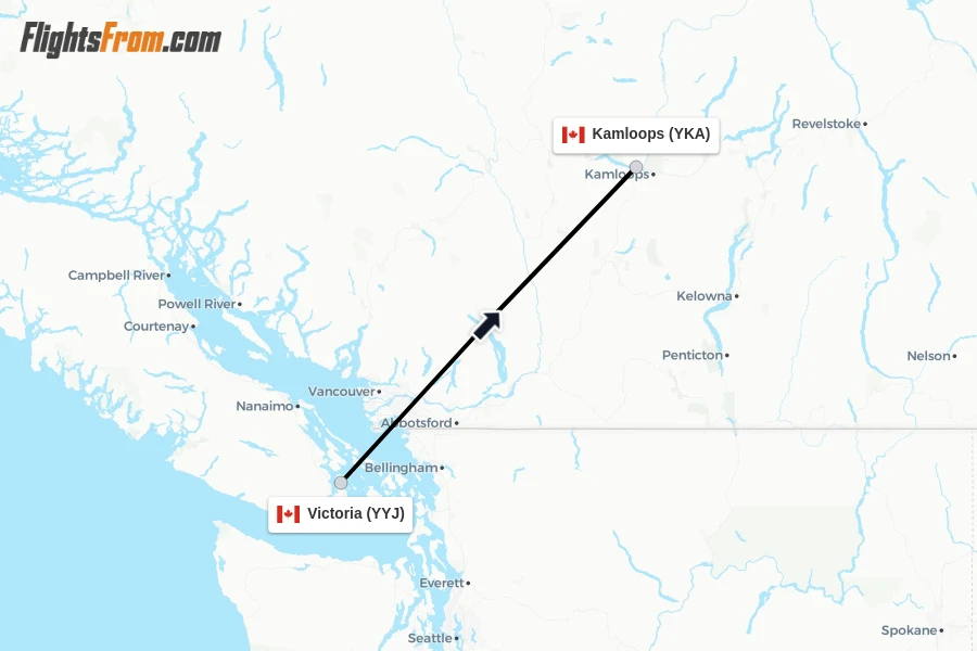 Flights from Victoria to Kamloops route map